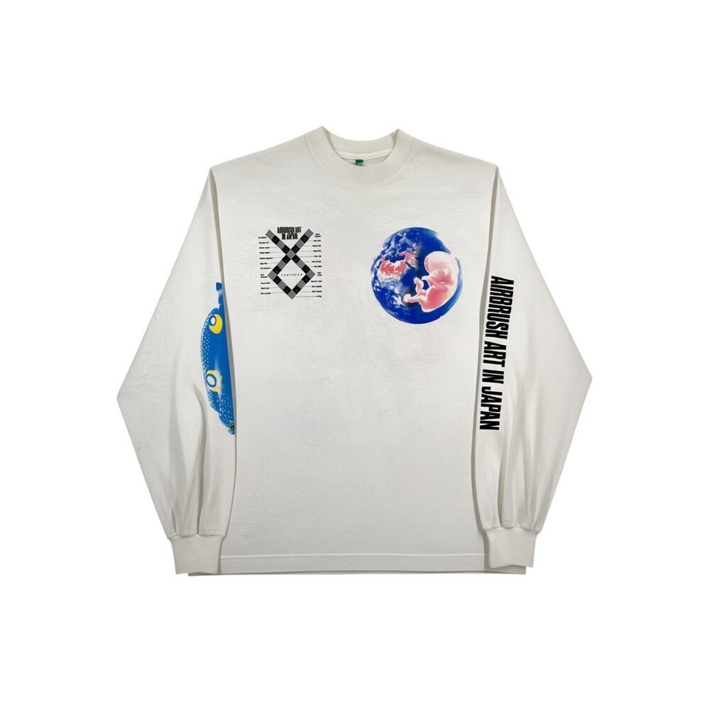 Airbrush Art In Japan Long Sleeve Cotton Graphic T-Shirt White Men's Size M